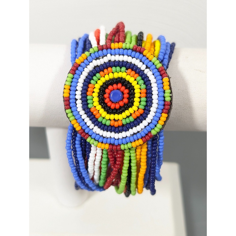Beachy Boho Tribal Colorful Glass Bead‎ Round Medallion Multi Strand Bracelet 7"